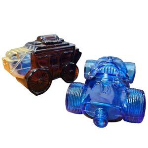 Set of 2 Vintage Avon Cologne Bottles. Cobalt Blue Race Car and Amber Stagecoach